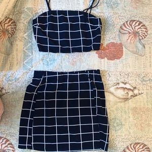 blue and white patter two piece dress.